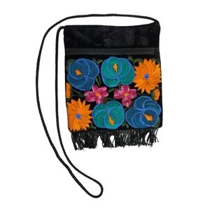 Velvet Floral Boho Embroidered Cross Body Bag with Fringe